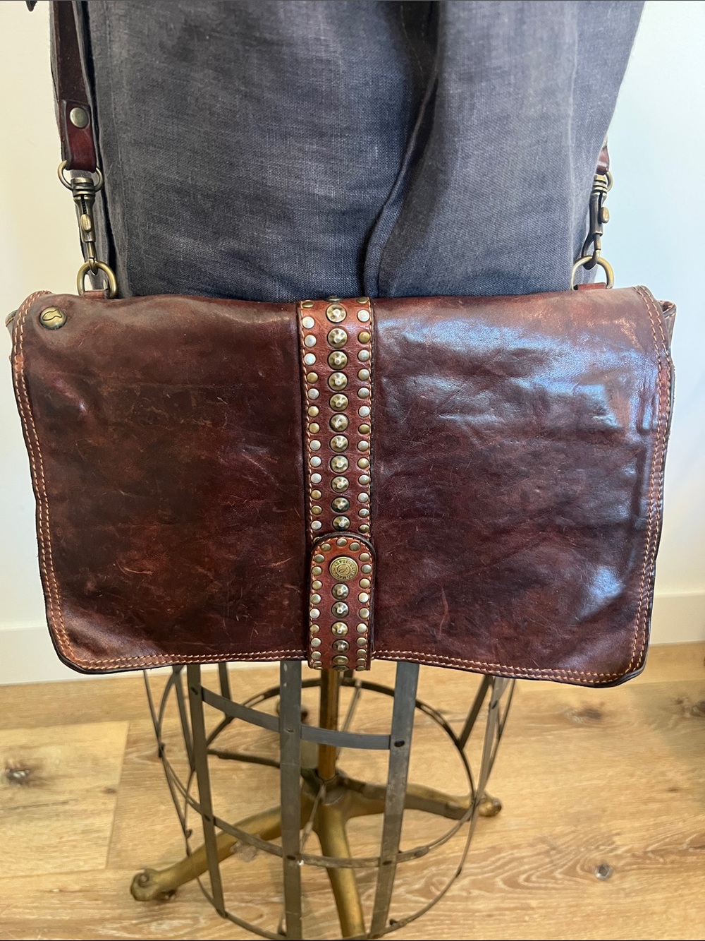 Campomaggi Dark Brown Studded Leather Messenger Bag clutch